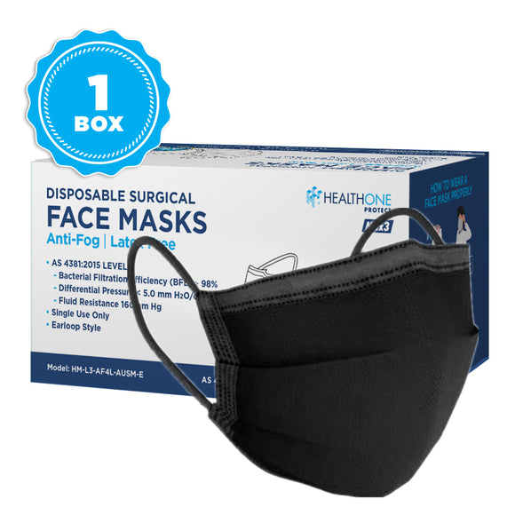 Black Colour - Level 3 Australian Made Healthone Protect Anti-Fog Surgical Face Mask - Earloop - Pack of 25