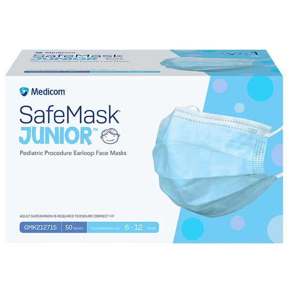 2022 New SafeMask Junior Child Level 1 Procedure Earloop Face Masks - Pack of 50 - Blue