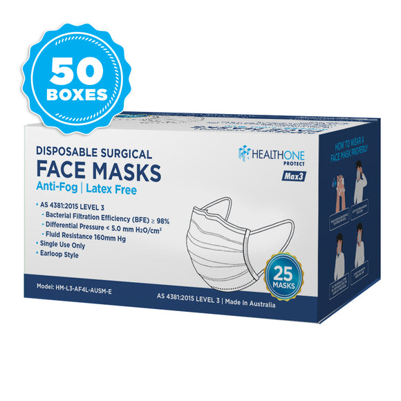 Level 3 Australian Made Healthone Protect, Anti-Fog Surgical Face Mask - Earloop - 50 x Pack of 25